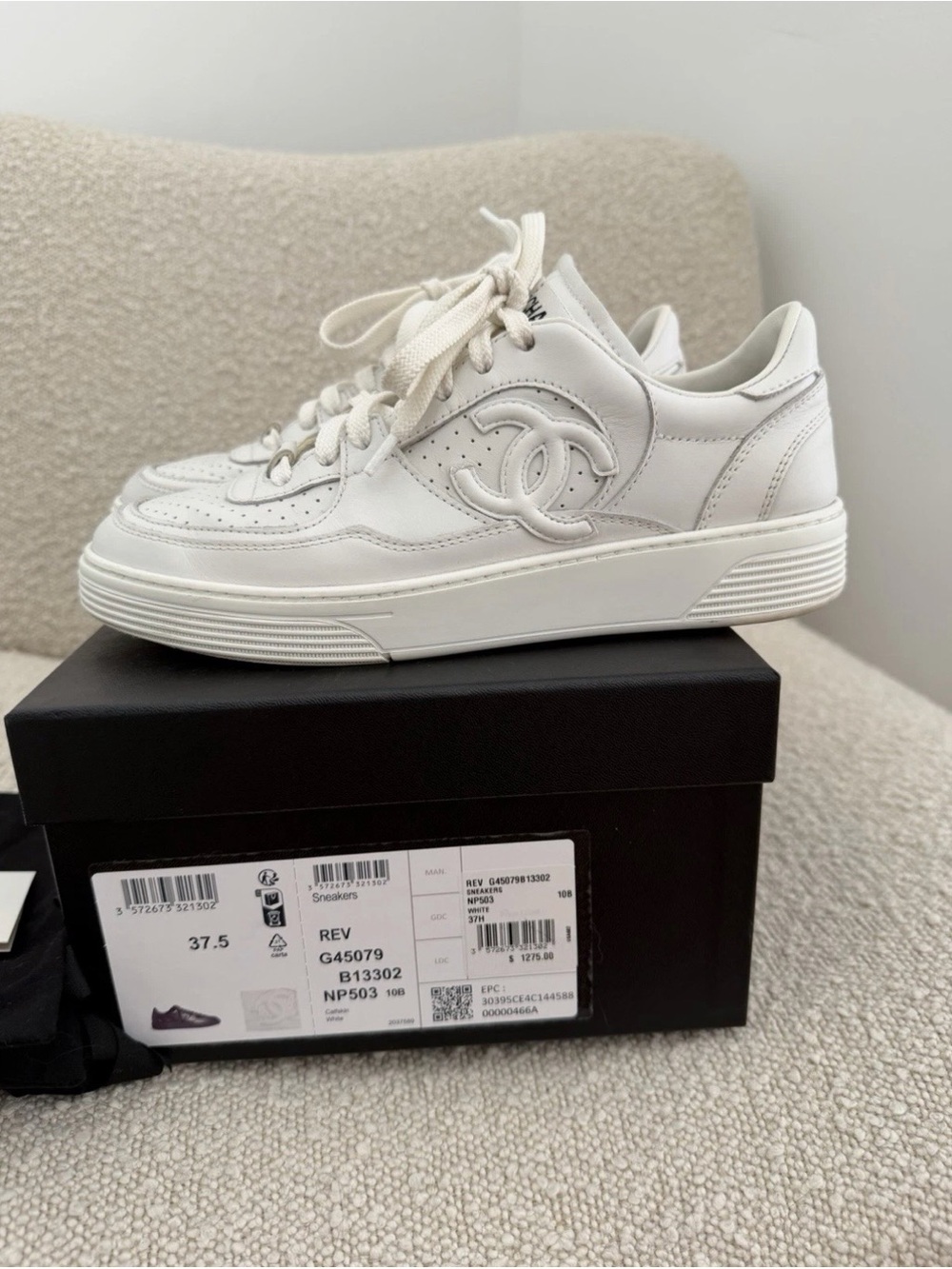 Chanel White leather CC Sneakers- Women’s size 37.5